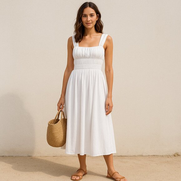 Nanette Lepore Dresses & Skirts - NANETTE LEPORE crisp white cotton ruched bust midi dress sundress size 6 casual